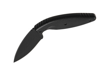 Modern tactical knife with black blade and rubber curved handle. Steel arms. Isolate on a white back.