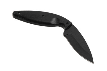 Modern tactical knife with black blade and rubber curved handle. Steel arms. Isolate on a white back. - obrazy, fototapety, plakaty