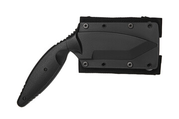 Modern tactical knife with black blade and rubber curved handle. Steel arms. Isolate on a white back.