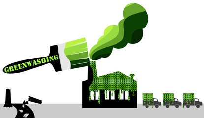 Greenwashing, factory and delivery trucks being painted environmentally green with a greenwashing paintbrush concept illustration, companies using misleading eco information