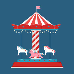 Bright carousel on blue background. Vector illustration with rotating merry-go-round with unicorns. © Olena Dumanchuk