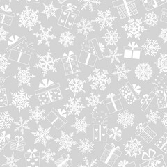 Fototapeta na wymiar Seamless pattern made of complex Christmas snowflakes and gift boxes with different patterns, in gray colors