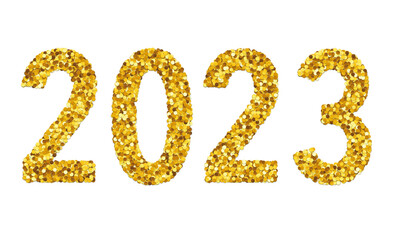 Numbers 2023 made from gold glitters , transparent background, 3d render