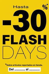 tarjeta o pancarta para días flash hasta un 30 % de descuento en artículos marcados en la tienda en negro, todo sobre un fondo amarillo