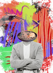 Creative modern psychedelic concept art collage. The body of a man with a bowl of noodles for a head. The bulp of ideas and a bird as a lost decision. The concept of searching for ideas and creativity