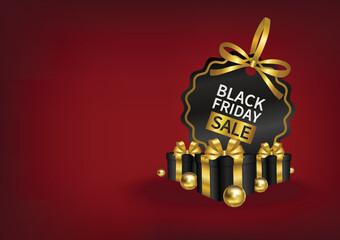 black friday sale price tag with gold ribbon and black gifts box banner