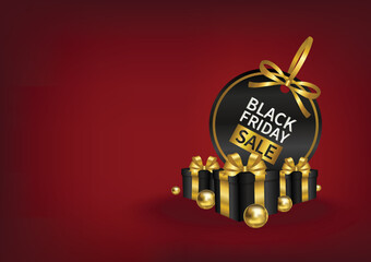black friday sale price tag with gold ribbon and black gifts box banner
