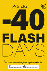 kartka lub baner na dni flash do 40% zniżki na przedmioty oznaczone w sklepie na czarno wszystko na żółtym tle