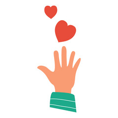 Hands holding a heart.Give love.Hand drawn hands up.Hands doodle style.Outline vector illustration. Isolated on white background.