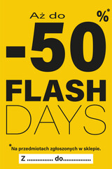kartka lub baner na dni flash do 50% zniżki na przedmioty oznaczone w sklepie na czarno wszystko na żółtym tle