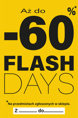 kartka lub baner na dni flash do 60% zniżki na przedmioty oznaczone w sklepie na czarno wszystko na żółtym tle - obrazy, fototapety, plakaty