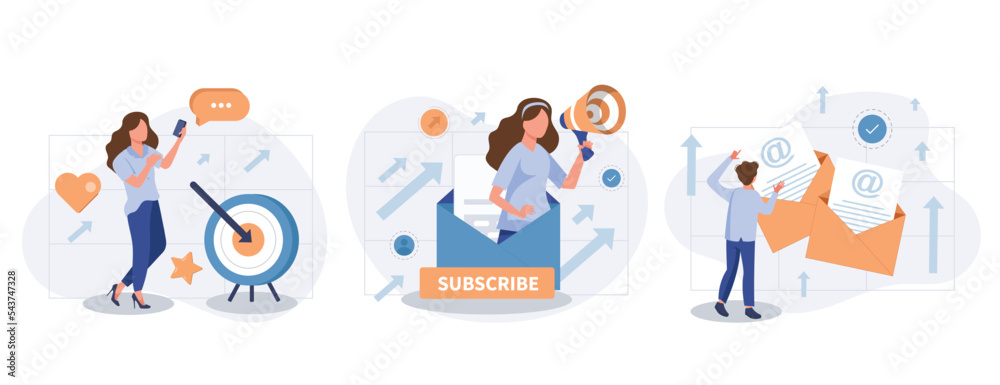 Wall mural email service web concept with people scenes set in flat style. bundle of online communication progr
