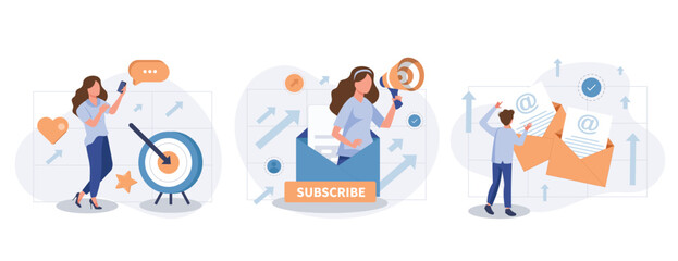 Email service web concept with people scenes set in flat style. Bundle of online communication programs, sending and receiving messages, promo newsletter. Vector illustration with character design