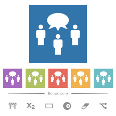 Three talking persons with oval bubble solid flat white icons in square backgrounds