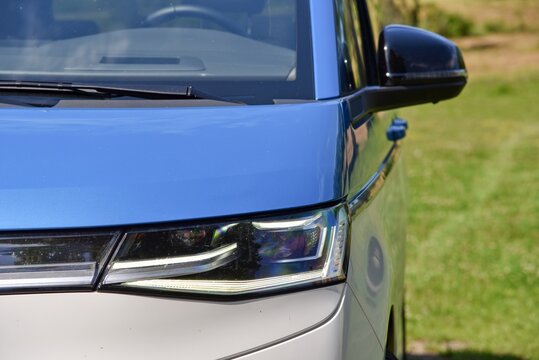 Volkswagen Multivan T7 e-Hybrid. Plug-in hybrid minibus. Front light detail. 07-17-2022, Prague, Czech Republic.