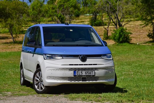 Volkswagen Multivan T7 e-Hybrid. Plug-in hybrid minibus. General view. 07-17-2022, Prague, Czech Republic.