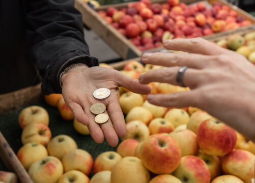 A woman buys apples and pays with cash coins for purchases at an open food market, Austria, Salzburg