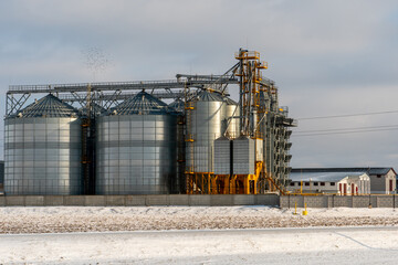 Obraz premium Silver silos against the blue sky in winter. Grain storage in winter at low temperatures. Production for processing, drying, cleaning and storage of agricultural products, flour, cereals and grain