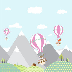 children's vector illustration for the wall in the nursery - the flight of animals in a balloon