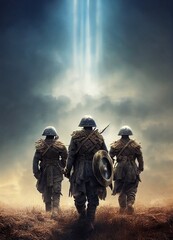 Cinematic digital art of thee soliders in war, beam rays of light, movie poster
