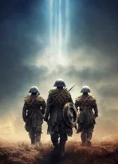 Cinematic digital art of thee soliders in war, beam rays of light, movie poster © DKN Media