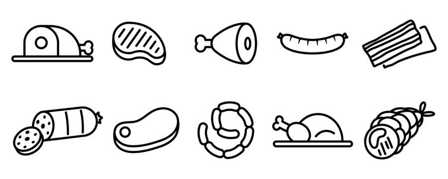 Conjunto de iconos de carnes y embutidos. Pollo, res, tocino, salchicha. Ilustración vectorial. Ilustración vectorial