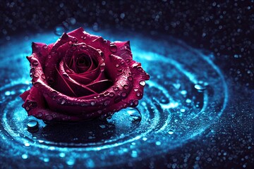 Cosmic unicerse rose, beautiful red flower with blue background, water drops, galaxy backdrop