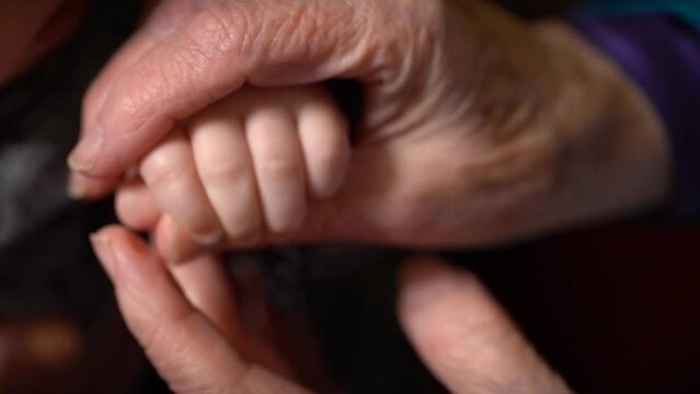 Hands of an elderly person touch the hands of the newborn