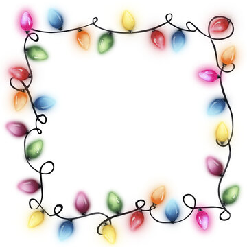 Christmas lights frame. Watercolor painted illustration. Multicolor  holiday  garland isolated on transparent background
