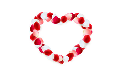 Heart made of red, pink and white rose petals. PNG on transparent background