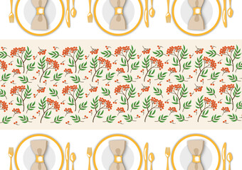 Festive holiday dinner table with rowanberry pattern tablecloth, table serving flat lay, tableware, happy thanksgiving day banner, background mockup vector illustration, png, poster, for web, season 