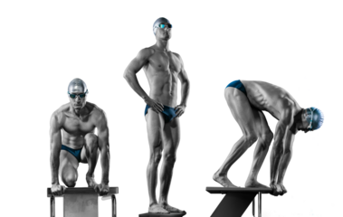 Three set positions, young athletic swimmer, on the transparent background.	
