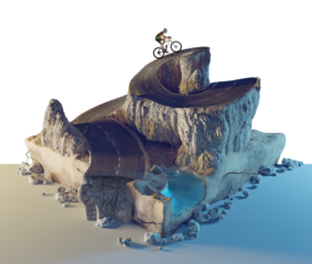 Sports and travel  transparent background. 3d illustration with cut of the ground and the desert road and the lake.	