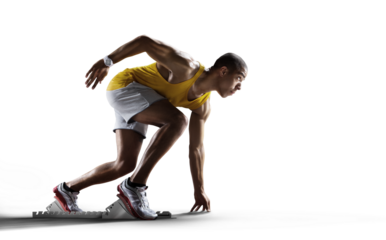 Sport transparent background. Sprinter leaving starting blocks on the running track.	