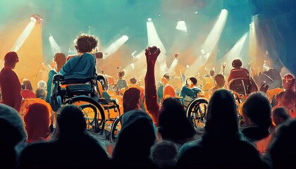 Fototapeta na wymiar Handicap Inclusion on Public Spaces, Rock Concerts, and Events, allowing people on wheelchair with equal conditions