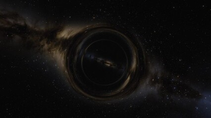 Cinematic animation of supermassive black hole. Camera moves through a black hole or wormhole into another galaxy in another universe. Space, light and time are distorted by strong gravity on the - Powered by Adobe