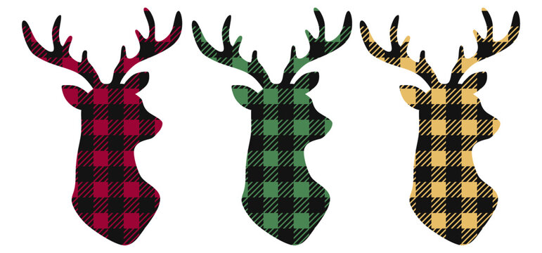 Set of reindeer with Christmas ornaments. Deer head silhouette. Christmas buffalo plaid reindeer on white background. Forest animal. Vector illustration.
