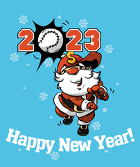 happy new year baseball greeting card with pitcher santa claus 