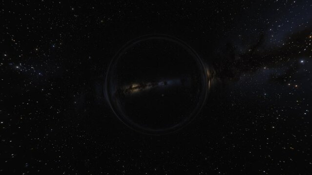 supermassive black hole animation. Camera moves through a black hole or wormhole into another galaxy in another universe. Space, light and time are distorted by strong gravity on the
