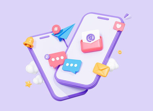 3D Two Mobile Phone With Message Communication. Send Email Via Smartphone. Social Media Promotion And Newsletter. Online Chat. Cartoon Creative Design Icon Isolated On Purple Background. 3D Rendering