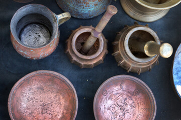 Georgia, Tbilisi - November 2021: extraordinary flea market with assortment of antiques plates, jewelery and bric-a-brac on sale. 
Old Market (Dry Bridge), ancient market in Tbilisi, Georgia 