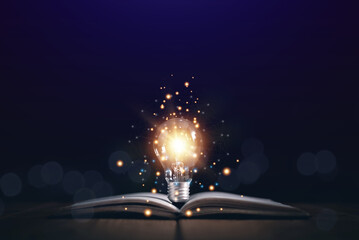 Educational knowledge and business education ideas, Innovations, Glowing light bulb on a book,...