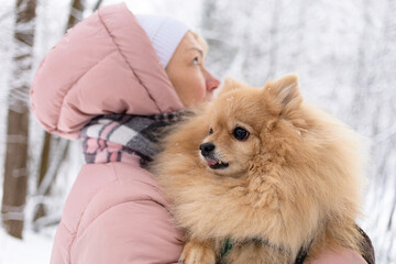 Female owner holding Pomeranian spitz dog on hands in snowy winter outdoor. adoption pet. soft focus