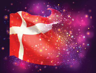 Denmark, vector 3d flag on pink purple background with lighting and flares