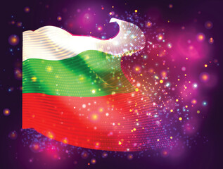 Bulgaria, vector 3d flag on pink purple background with lighting and flares