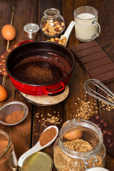 Process of cooking chocolate bakery pastry with melting chocolate. Ingredients for cooking chocolate