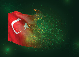 Turkey, on vector 3d flag on green background with polygons and data numbers