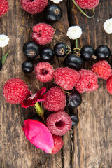 Ripe, juicy red raspberries and black currants are beautifully scattered on wooden boards.