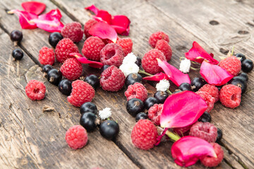 Ripe, juicy red raspberries and black currants are beautifully scattered on wooden boards.