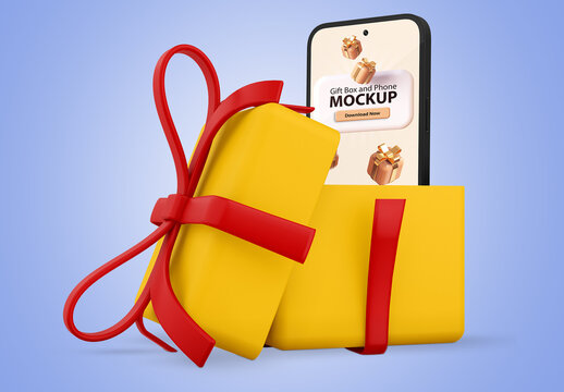 Phone Inside Gift Box Mockup